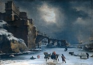 City Walls in Winter ca. 1650-1670. oil on canvas medium QS:P186,Q296955;P186,Q12321255,P518,Q861259 . 74 × 105 cm (29.1 × 41.3 in). Rijksmuseum,Amsterdam