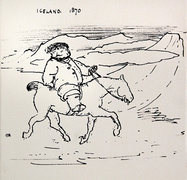 Bilbo's character and adventures match many details of William Morris's expedition in Iceland. Cartoon of Morris riding a pony by his travelling compa