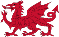 The Welsh Dragon on the Flag of Wales, associated with King Cadwaladr, descendant of Cunedda Y Ddraig Goch in Flag of Wales.svg