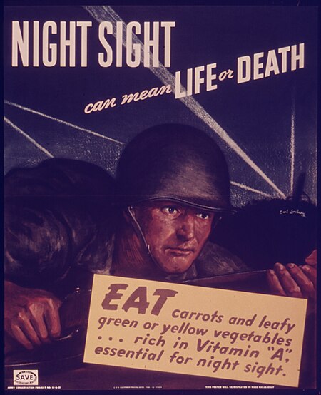 Fail:"Night sight can mean life of dealth. Eat carrots and leafly greens or yellow vegetables, rich in vitamins" - NARA - 515071.jpg