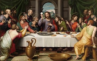 The Eucharist has been a key theme in the depictions of the Last Supper in Christian art, as in this 16th-century Juan de Juanes painting, after Leonardo da Vinci's Last Supper. Ultima Cena - Juan de Juanes.jpg