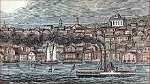 Woodcut of Newburgh skyline from Hudson in 1842, with Dutch Reformed Church, then with its original dome and lantern 1842 engraving of Newburgh, NY.jpg
