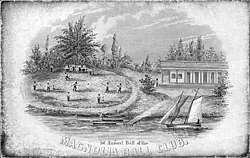 Invitation to the "1st Annual Ball of the Magnolia Ball Club" of New York, c. 1843, depicting the Colonnade Hotel at the Elysian Fields and a group of men playing baseball: the earliest known image of grown men playing the game. 1844-magnolia.jpg