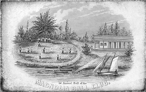 Ticket to the 1st annual ball of the (New York) Magnolia Ball Club, ca. 1843. This engraving, which precedes the Knickerbockers' founding by at least a year, is the earliest known image of grown men playing baseball.
