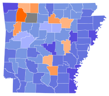 Democratic Primary Results:
Bill Clinton
.mw-parser-output .legend{page-break-inside:avoid;break-inside:avoid-column}.mw-parser-output .legend-color{display:inline-block;min-width:1.25em;height:1.25em;line-height:1.25;margin:1px 0;text-align:center;border:1px solid black;background-color:transparent;color:black}.mw-parser-output .legend-text{}
40%-50%
50%-60%
60%-70%
70%-80%
Orval Faubus
40%-50%
50%-60%
60%-70%
70%-80%
No Results 1986 Arkansas gubernatorial Democratic primary results map by county.svg