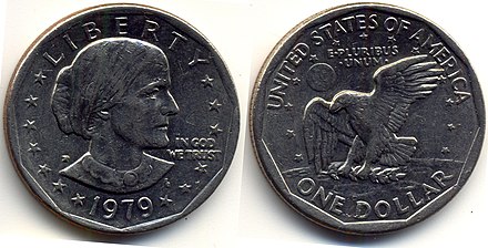 US dollar coin, with the obverse side showing Susan B. Anthony, the words "Liberty" and "In God We Trust", and the year 1979; the reverse side shows the words "One Dollar", "United States of America", and "E Pluribus Unum", and retains the imagery of the Apollo 11 mission insignia, previously used on the Eisenhower dollar.