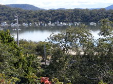 Viewing NW over Hawkesbury River railway station showing moored vessels in Sandrook Inlet and Long Island (nature reserve) beyond. 2007 0817klklk0004.JPG