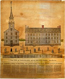 A front view of "Yale-College" and the college chapel, printed by Daniel Bowen in 1786 A Front View of Yale College and the College Chapel New Haven printed by Daniel Bowen.jpg