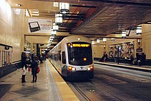 An airport-bound Link light rail train in the Downtown Seattle Transit Tunnel