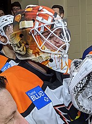 Lyon with the Lehigh Valley Phantoms in 2020 Alex Lyon 4 (cropped).jpg