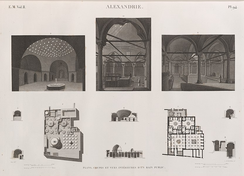 Pl.94 - Plans, coupes et vues intérieurs des bains publics