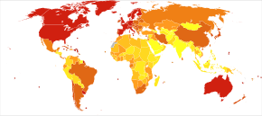 Deaths per million persons in 2012 due to dementias including Alzheimer's disease
.mw-parser-output .div-col{margin-top:0.3em;column-width:30em}.mw-parser-output .div-col-small{font-size:90%}.mw-parser-output .div-col-rules{column-rule:1px solid #aaa}.mw-parser-output .div-col dl,.mw-parser-output .div-col ol,.mw-parser-output .div-col ul{margin-top:0}.mw-parser-output .div-col li,.mw-parser-output .div-col dd{page-break-inside:avoid;break-inside:avoid-column}
.mw-parser-output .legend{page-break-inside:avoid;break-inside:avoid-column}.mw-parser-output .legend-color{display:inline-block;min-width:1.25em;height:1.25em;line-height:1.25;margin:1px 0;text-align:center;border:1px solid black;background-color:transparent;color:black}.mw-parser-output .legend-text{}
0-4
5-8
9-10
11-13
14-17
18-24
25-45
46-114
115-375
376-1266 Alzheimer's disease and other dementias world map-Deaths per million persons-WHO2012.svg