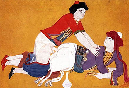 An illustration from the 19th-century book Sawaqub al-Manaquib depicting homosexual anal sex with a wine boy