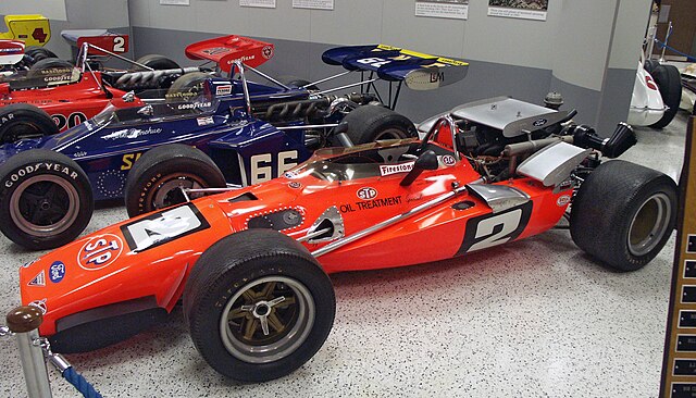 A replica of the Brawner Hawk in which Andretti won the 1969 Indianapolis 500 now on display at the Indianapolis Motor Speedway Hall of Fame Museum in