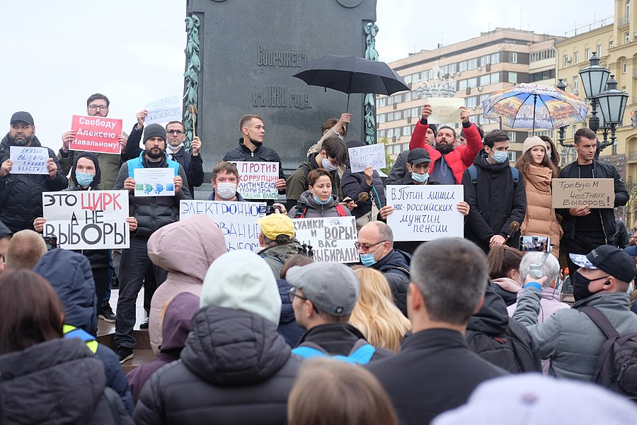 Протестующие с плакатами у постамента памятника Александру Пушкину.