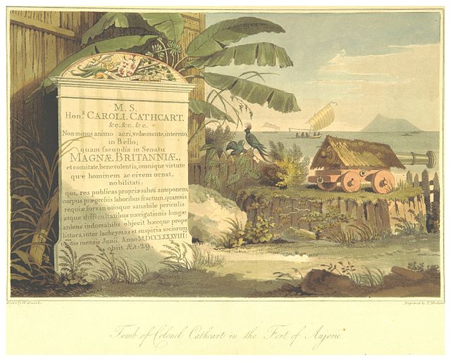 The tombstone of Colonel Charles Cathcart, ambassador to China, who died on his ship and was buried at a Dutch outpost in the Sunda Strait now part of
