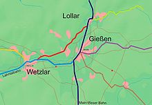 Karte mit den Bahnstrecken in der Region Gießen/Lollar/Wetzlar