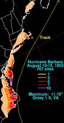 Rainfall summary of Hurricane Barbara Barbara 1953 rainfall.png