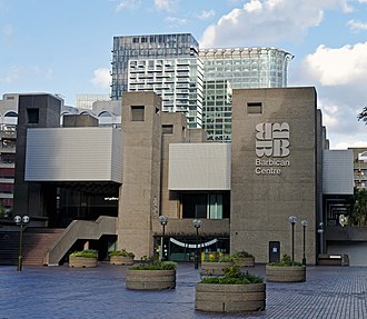 The Barbican Centre from the outside Barbican Centre plaza in late afternoon light.jpg