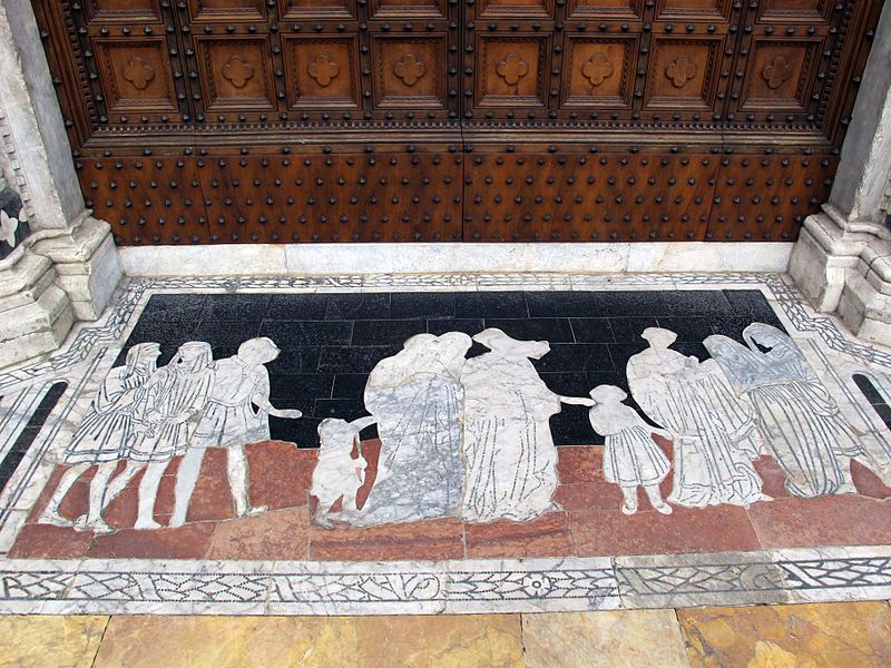 File:Battistero di siena, facciata, pavimento intarsiato su disegno di antonio federighi, 1451.JPG