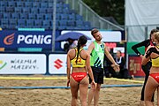 Deutsch: Beachhandball Europameisterschaften 2019 (Beach handball Euro); Tag 5: 6. Juli 2019 – Frauen, Platzierungsspiel für die Ränge 9–12, Deutschland-Polen 2:1 (22:23, 19:16, 7:6) English: Beach handball Euro; Day 5: 6 July 2019 – Placement Match/Cross Match for rank 9–12 Women – Germany-Poland 2:1 (22:23, 19:16, 7:6)