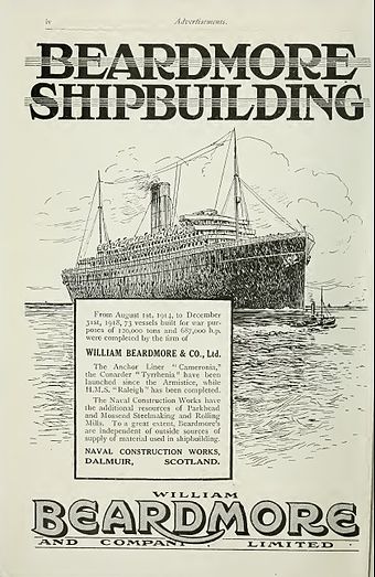 A 1923 advert for William Beardmore and Company, Clydeside, who employed 40,000 workers at its height