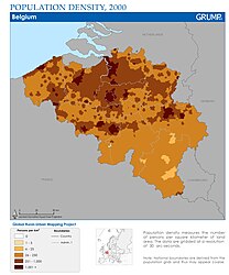 Bevolkingsdichtheid in België, de Vlaamse ruit is duidelijk te zien als een gebied met een hogere bevolkingsdichtheid.