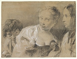 Boy with an Egg, Girl with a Hen, and a Watching Woman