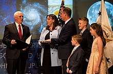 Bridenstine is sworn in as NASA's thirteenth administrator by Vice President Mike Pence (2018). Bridenstine Sworn In As NASA Administrator (NHQ201804230002).jpg