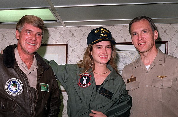 Shields aboard USS Midway during a USO tour on January 1, 1991