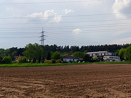 The Bulau district photographed from a bicycle path running parallel to the Dreieichbahn.  The resident hotel can be seen on the right-hand side of the picture.