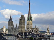 Left to right: St Ouen, Notre Dame, St Maclou Cathedrale de Rouen vue de l'Opera.JPG