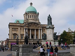 Hull City Hall and the statue of Queen Victoria on the day of the proclamation of Charles III as King following the death of HM Queen Elizabeth II