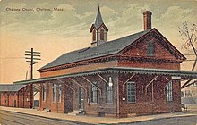 Sebuah kartu pos yang menampilkan dua lantai kayu stasiun kereta api