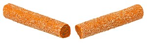A pre-2019 Chick-O-Stick showing texture and the former bright-orange color Chick-O-Stick-Split.jpg