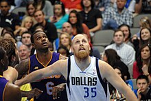 Clark boxed out by Chris Kaman of the Dallas Mavericks in a 2013 game Chris Kaman & Earl Clark.jpg