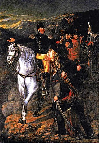 "חציית האנדים בידי סן מרטין ואו'היגינס" - איור המתאר את הגעת צבא האנדים בפיקודם של השניים, בדרך לשחרור צ'ילה מהשלטון הספרדי