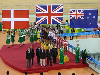 Medal ceremony at the men's team pursuit. CyclingTeamPursuitBeijing2008.jpg