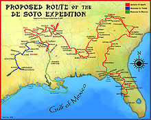 A map showing the proposed route of the de Soto Expedition, based on the 1997 Charles Hudson map DeSoto Map HRoe 2008.jpg