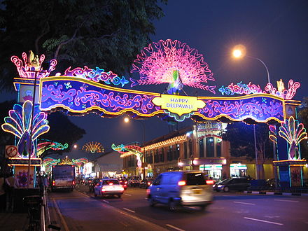 The Indian diaspora is the world's largest; Diwali lights in Little India, Singapore.