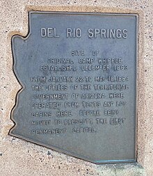 Del Rio Springs (north of Chino Valley, Arizona) historical marker. This site is where Fort Whipple was originally established Del Rio Springs historical marker.jpg