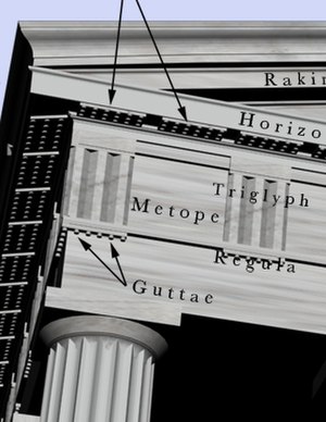 Triglyph and guttae in the Doric order; traditionally seen as recreating in stone functional features of the wooden Greek temples that preceded them.