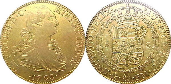 Spanish gold onza or 8 escudos coin imported from Spanish America and valued at 16 silver pesos