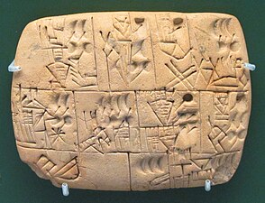 Tablette administrative rectangulaire, Uruk III, provenance inconnue. British Museum. Enregistre la distribution de bière, représentée par le signe KAŠ, un vase dont l'intérieur est hachuré. Cinq types de signes numériques sont employés.