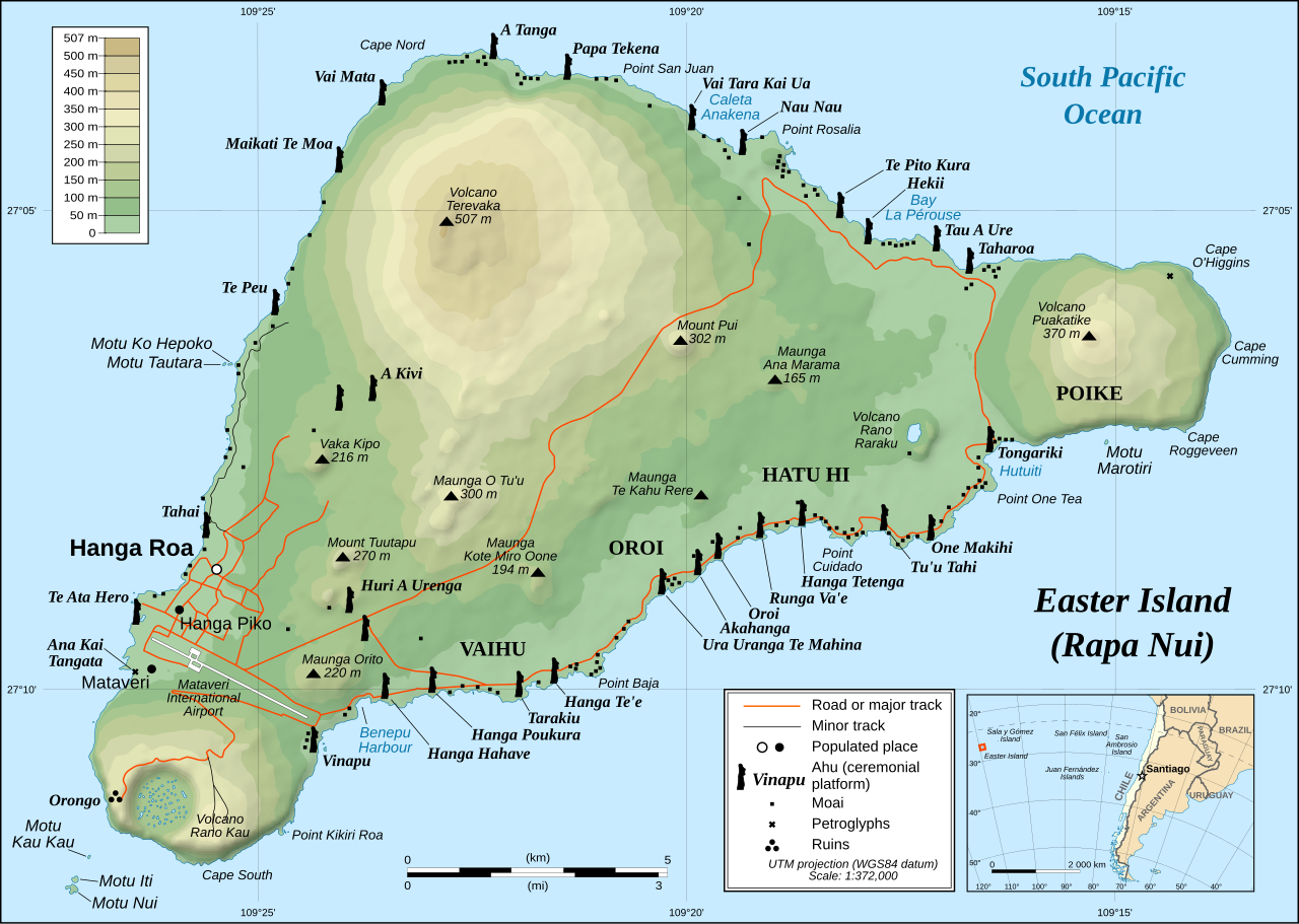 Easter Island map showing Terevaka, Poike, Rano Kau, Motu Nui, Orongo, and Mataveri; major ahus are marked with moai