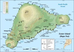 Karte der Osterinsel mit Terevaka, Poike, Rano Kau, Motu Nui, Orongo und Mataveri; die wichtigsten Ahus sind mit Moai markiert