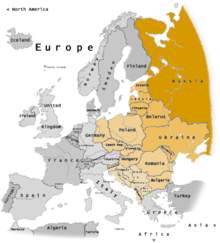Pre-1989 division between the "West" (grey) and "Eastern Bloc" (orange) superimposed on current borders:
Russia (the former RSFSR)
Other countries formerly part of the USSR
Members of the Warsaw Pact
Other former Communist states not aligned with Moscow Eastern-Europe-small.png