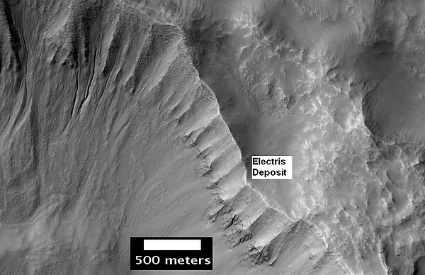 Layers in light-toned Electris Deposit, as seen by HiRISE on the Mars Reconnaissance Orbiter. Gullies are visible on the left.