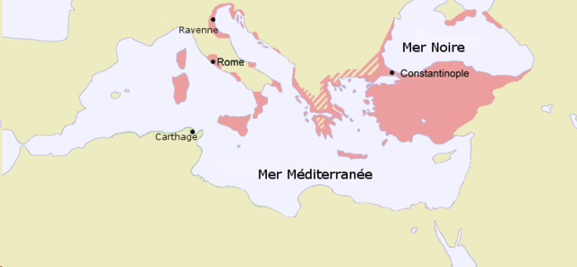 Carte montrant l'extension territoriale de l'Empire byzantin au début du VIIIe siècle.