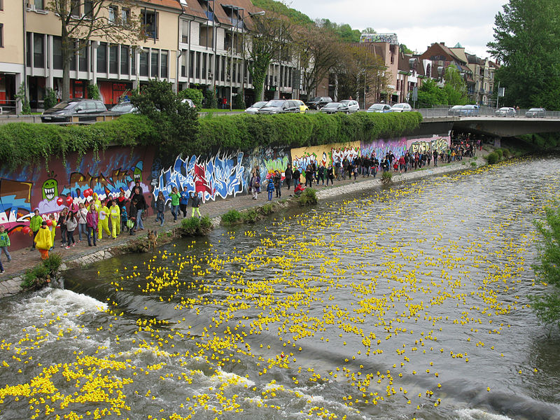 File:Entenrennen auf der Dreisam in Freiburg, Plastikenten an der Leo-Wohleb-Brücke.jpg